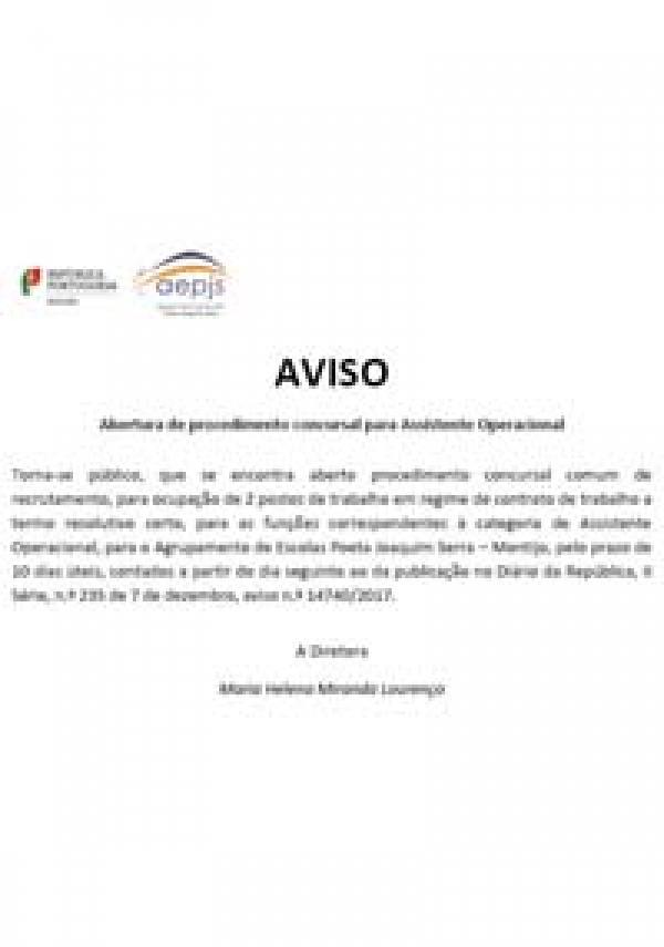 Abertura de procedimento concursal para 2 lugares de Assistente Operacional