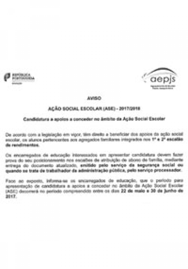 Candidatura a apoios a conceder no âmbito da Ação Social Escolar