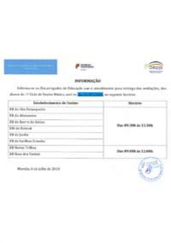 Atendimento para entrega de avaliações - 1.º Ciclo do Ensino Básico