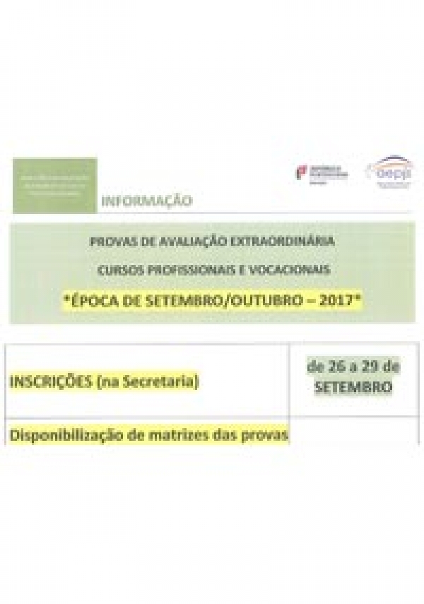 Matrizes das Provas de Avaliação Extraordinária – Cursos Profissionais e Vocacional – Época de setembro/outubro de 2017