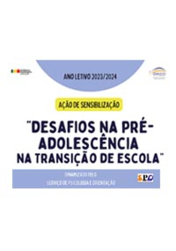 Ação de Sensibilização - “Desafios na Pré-Adolescência na Transição de Escola&quot;