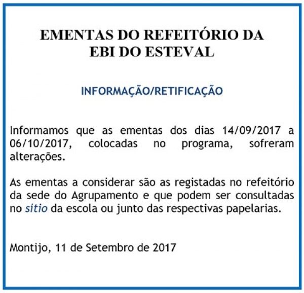 Ementas do refeitório da EBI do Esteval – informação/retificação