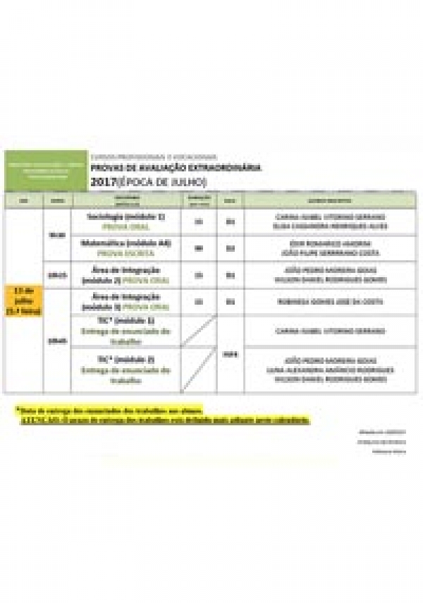 Calendário das Provas de Avaliação Extraordinária – Cursos Profissionais e Vocacional – Época de setembro/outubro de 2017