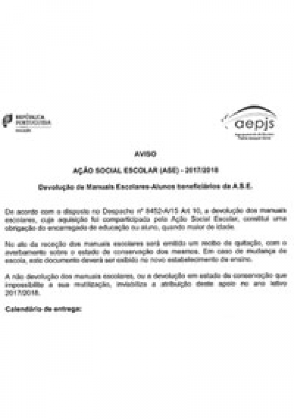 Devolução de Manuais Escolares - Alunos beneficiários da A.S.E.
